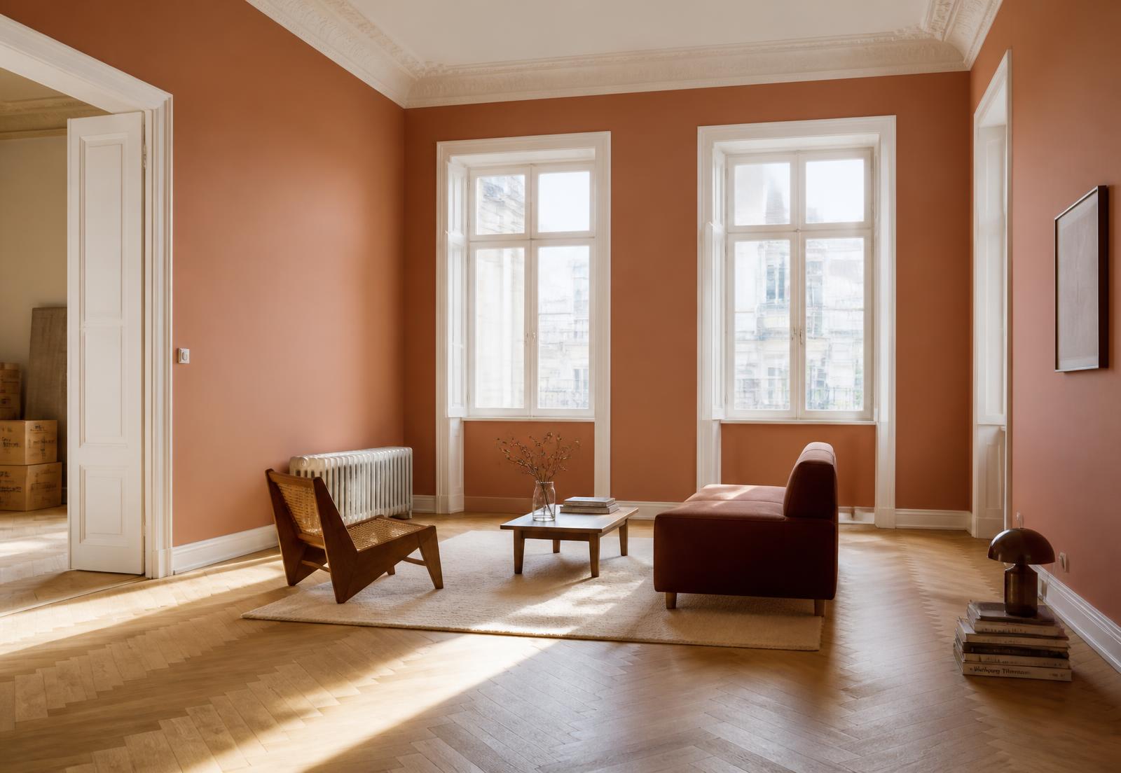 Heller Münchner Altbau-Wohnraum mit warmen Terrakotta-Wänden und Fischgrätparkett